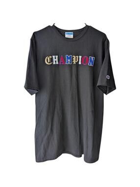 Champion Shirt Large Black Vintage Multi-Font Ransom Lettering Embroidered 22x29